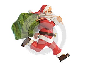 Santa Claus running with sack full of presents isolated on white background 3d rendering