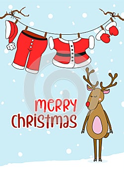 Santa Claus`s hanging clothes with Merry Christmas text.