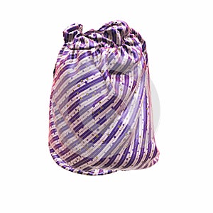 Santa Claus`s striped bag or sack, full of gifts, on white background. 3d illustration