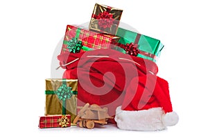 Santa Claus sack full of gift wrapped presents