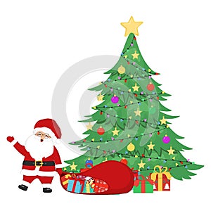 Santa Claus with sack and gifts boxes. Christmas tree, stars, ornaments, garlands. Vector illustration isolated