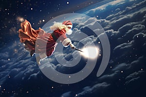 Santa Claus or Saint Nicholas makes a magic with magic wand in clouds. Christmas fairytale