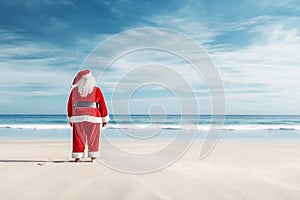 Santa Claus on sandy beach. Empty space for your text. Santa Claus Sign. Banner