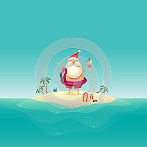 Santa Claus on sandy island at ocean with inflatable flamingo float