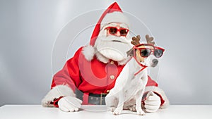 Santa claus and santa& x27;s helper in sunglasses on a white background. Jack russell terrier dog in a deer costume
