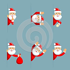 Santa claus secret flashlight peeking out corner surrender give up cartoon characters set flat design isolated vector