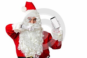 Santa Claus  showing smart phone on white blackground with copy space for text