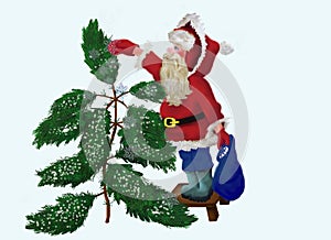 Santa Claus sifting Evergreen with snow