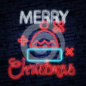 Santa claus sign. Neon sign. Merry Christmas and New Year banner, logo, emblem and label. Bright signboard, light banner.