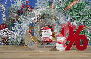 Santa Claus and sign percentege on wood background Merry Christmas. Happy New Year