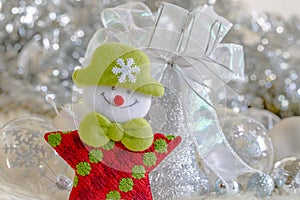 Santa claus and Silver bell,white silver bow and silver ball decoration on christmas