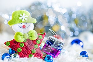 Santa claus and Silver bell,white silver bow and silver ball decoration on christmas