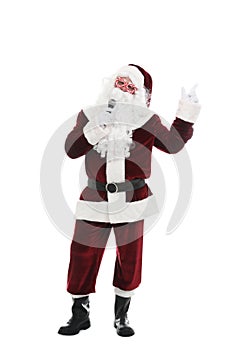 Santa Claus singing with microphone on white background. Christmas music