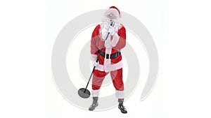 Santa Claus sings to retro vintage microphone christmas song. Santa is singing to classic microphone on white background