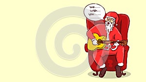 Santa claus sit in red sofa playing accoustic guitar and singing christmas song Hand drawn style vector design illustrations