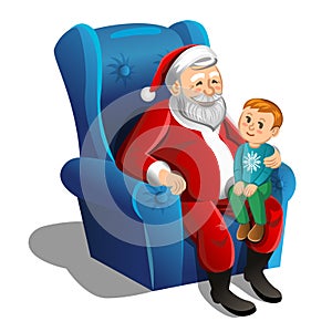 Santa Claus sitting in armchair with little boy. Vector