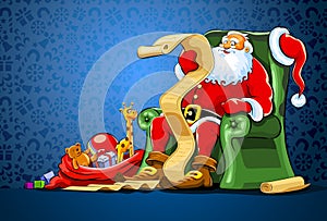 Santa claus sitting in chair with sack of gift