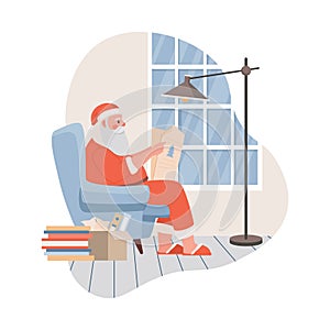 Santa Claus sitting and reading newspaper vector flat illustration. Santa Claus taking rest before Christmas Eve.