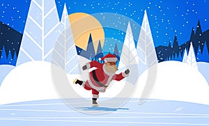 Santa claus skating merry christmas happy new year winter holidays concept night forest full moon landscape background