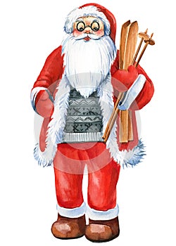 Santa Claus with skis, Christmas watercolor illustration