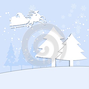 Santa Claus on the sky and Christmas tree, paper origami style vector illustration