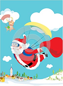 Santa Claus skydiving with his deer and gift deliv