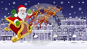 Santa Claus Sled Christmas Night Street Snow Scene