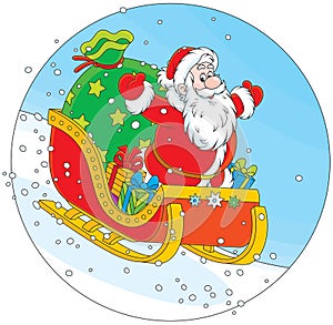 Santa Claus sledding with gifts