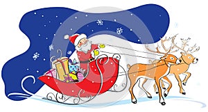 Santa Claus in sledge, Christmas gifts, deers