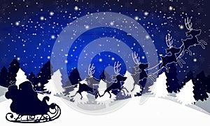 Santa Claus in a sleigh on the background of the winter landscape of Christmas trees against the night sky