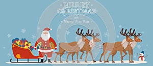 Santa Claus on sleigh full of gifts with his reindeers. Christmas decoration. Greeting card poster horizontal banner. Flat