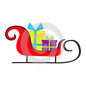 Santa Claus sleigh with gift box set. Merry Christmas. Giftbox present with ribbon bow. Cute cartoon objects. White background. Is