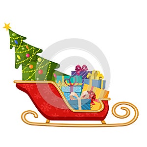 Santa claus sleigh with gifts and christmas tree