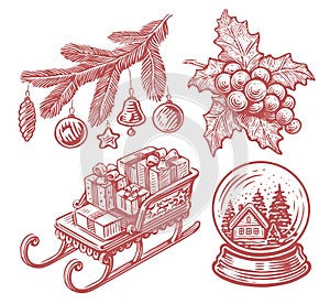 Santa Claus sleigh with gifts. Fir branch with Christmas decorations. Glass ball with snow. Holly vector illustration