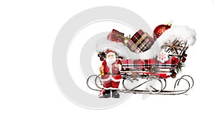 Santa Claus and sleigh with gifts on a white background.