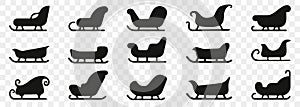 Santa Claus sleigh icons. Black Christmas sleigh silhouette. Winter holiday sleigh icons. Set of black sleigh silhouette