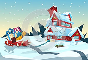 Santa Claus Sleigh Near House Christmas Celebration New Year Greeting Card