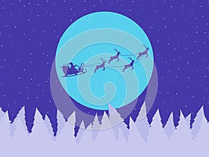 Santa Claus in a sleigh with reindeer against the background of the moon and a snowy landscape with Christmas trees. Festive
