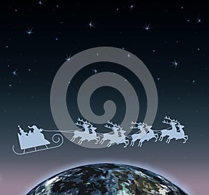 Santa Claus on sleigh with reindeer over the world