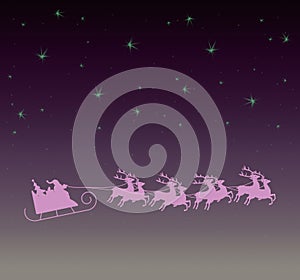 Santa Claus on sleigh with reindeer in a purple night