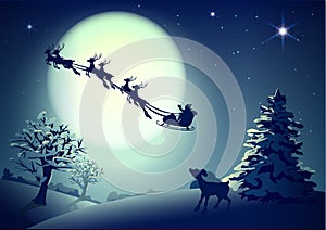 Santa Claus in sleigh and reindeer sled on background of full moon in night sky Christmas