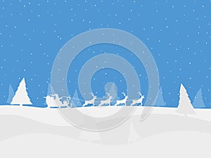 Santa Claus in a sleigh with reindeer on a winter landscape with fir trees and falling snow. Winter day, Christmas Eve