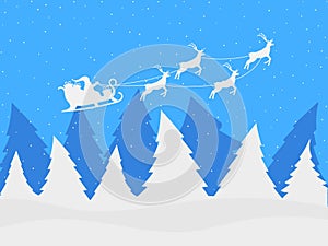 Santa Claus in a sleigh with reindeer on a winter landscape with fir trees and falling snow. Winter day, Christmas Eve