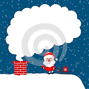 Santa Claus With Sleigh On Roof Cloud Of Smoke Snow Dark Blue