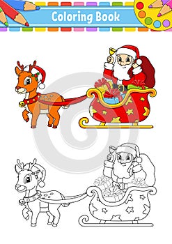 Santa Claus sleigh. Winter deer. Christmas theme. Coloring book page for kids. Cartoon style. Vector illustration isolated on
