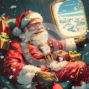 Santa Claus smiles with gifts on an airplane in a Christmas Eve painting