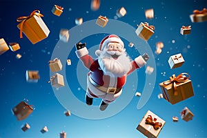 Santa claus smiling and jumping in the air with giftboxes flying around, 3d render, generative AI