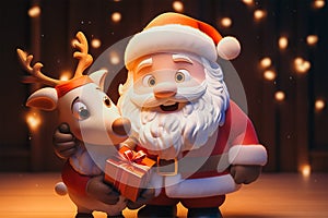 Santa claus smiling with reindeer holding giftboxes, 3d render, generative AI