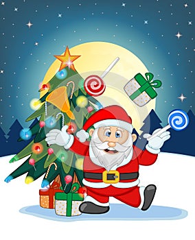 Santa Claus, Snow, Christmas Tree and Full Moon At Night For Your Design Vector Illustration