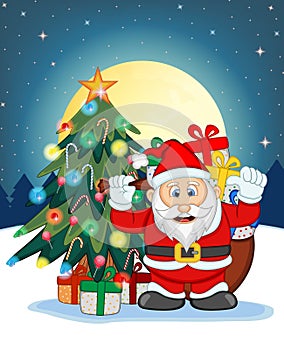 Santa Claus, Snow, Christmas Tree and Full Moon At Night For Your Design Vector Illustration